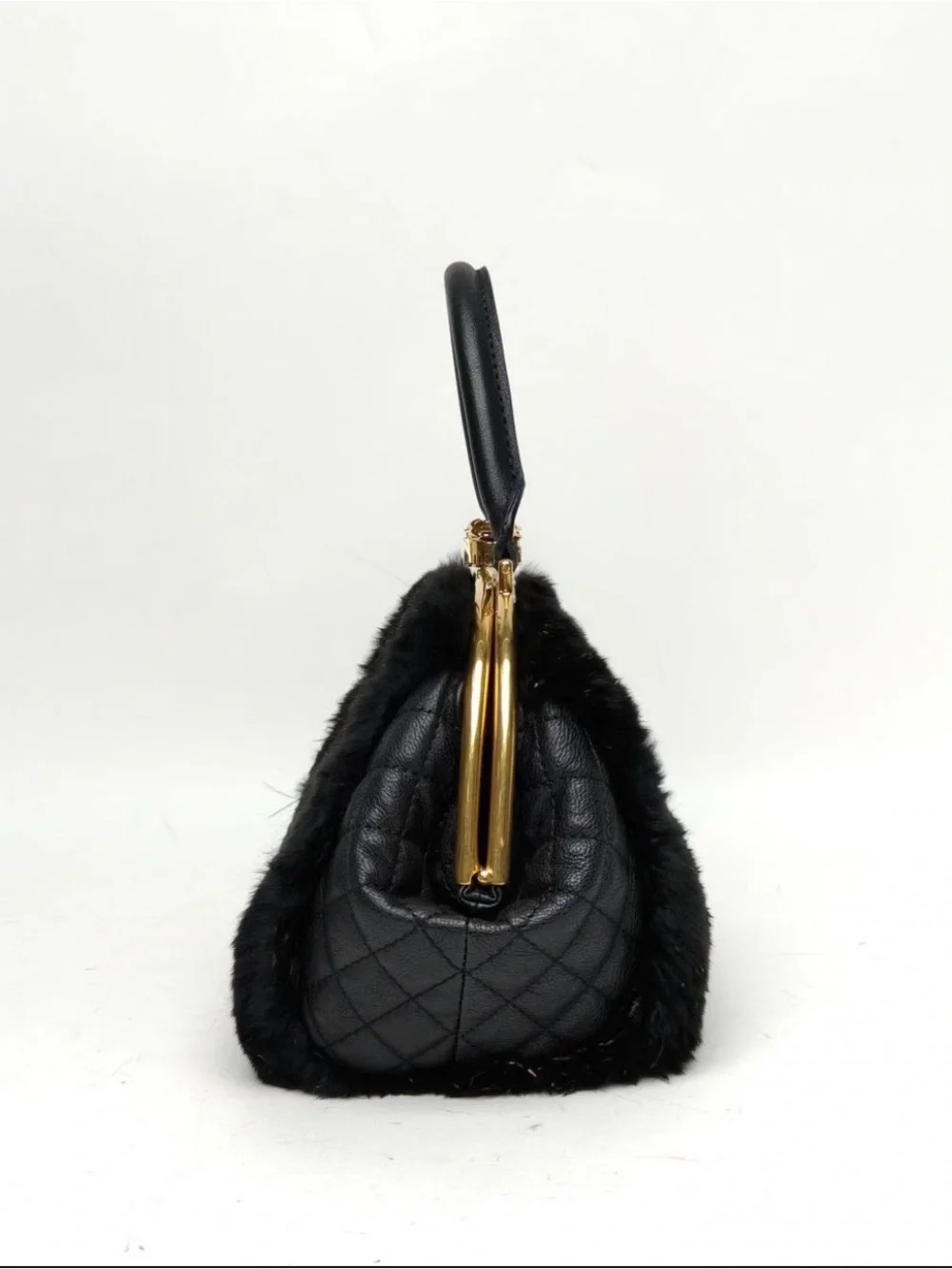Chanel Rabbit Fur Lambskin Top-Handle Bag with Gold Chain crossbody Box Dust bag